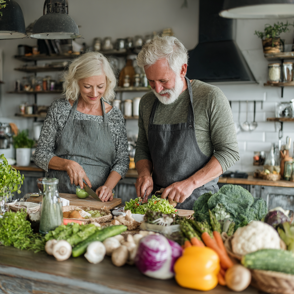 Middle-aged adults preparing fresh vegetables and wholesome ingredients in a bright kitchen setting