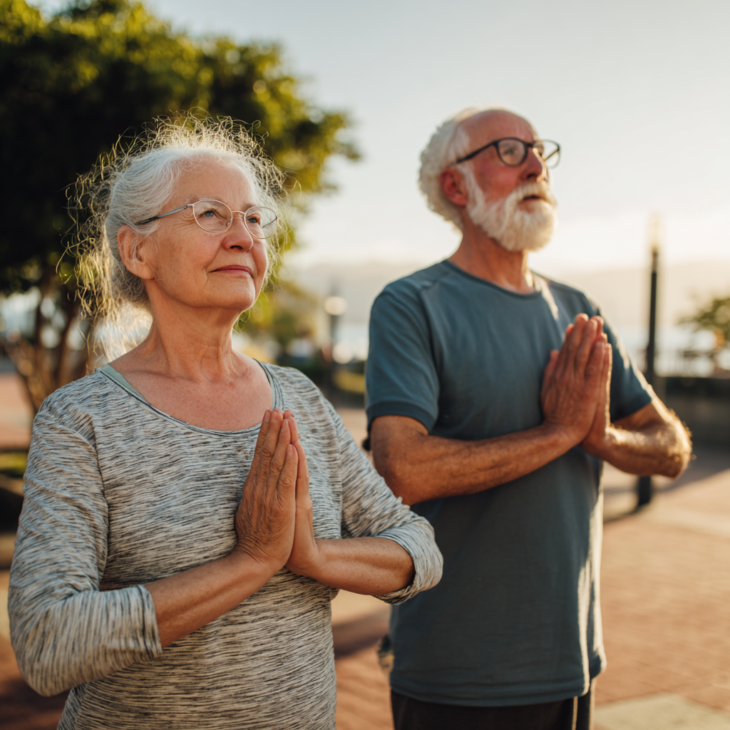 Older adults engaging in gentle outdoor activities and mindful movement practices